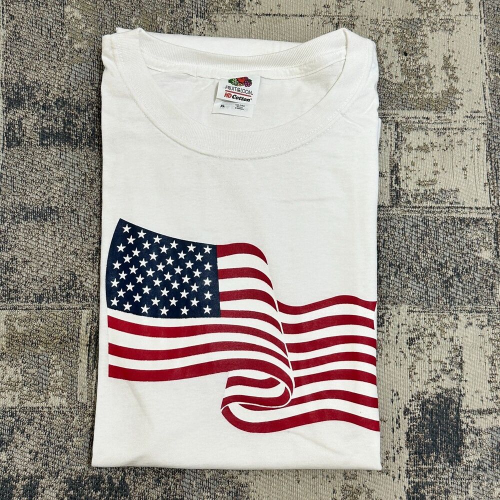 Fruit Of The Loom Men's XL T-Shirt Patriotic American Flag White HD Cotton